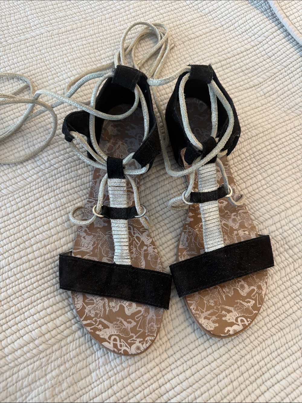 Free People Black Suede Lace-Up Sandals with Silver Ties